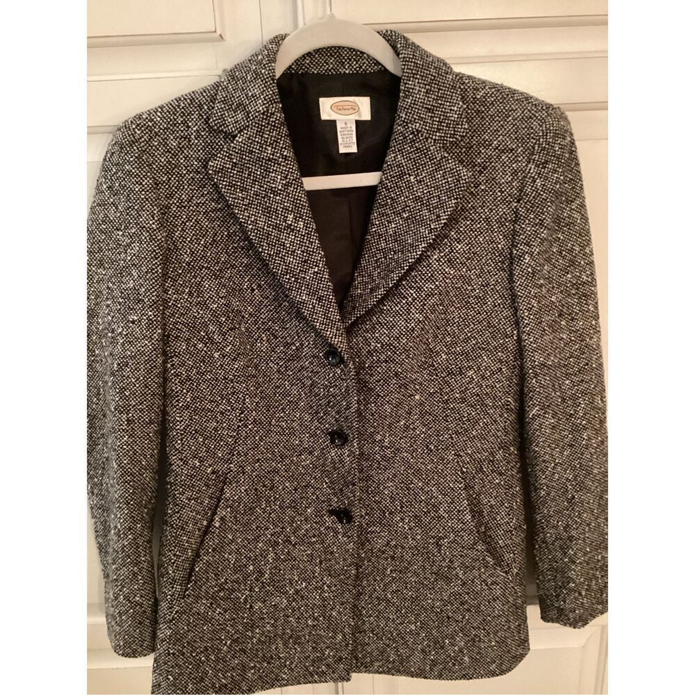 Talbots Wool Blend Tweed Blazer Jacket Sz 6 Lined Black White Business